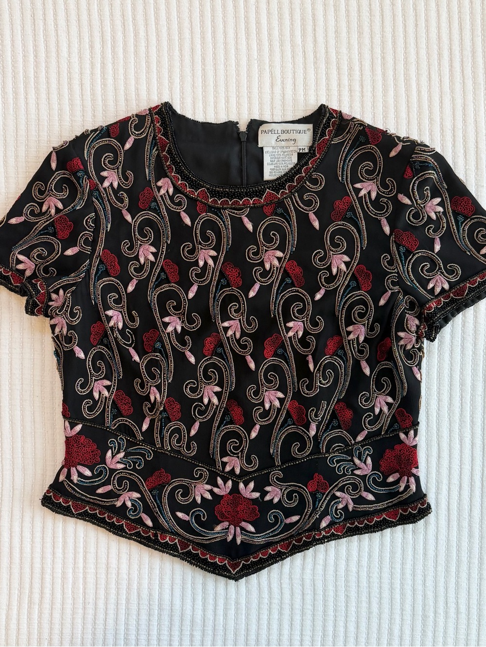 Vintage 100% Silk Embroidered & Beaded Floral Cropped Top by Papell Boutique